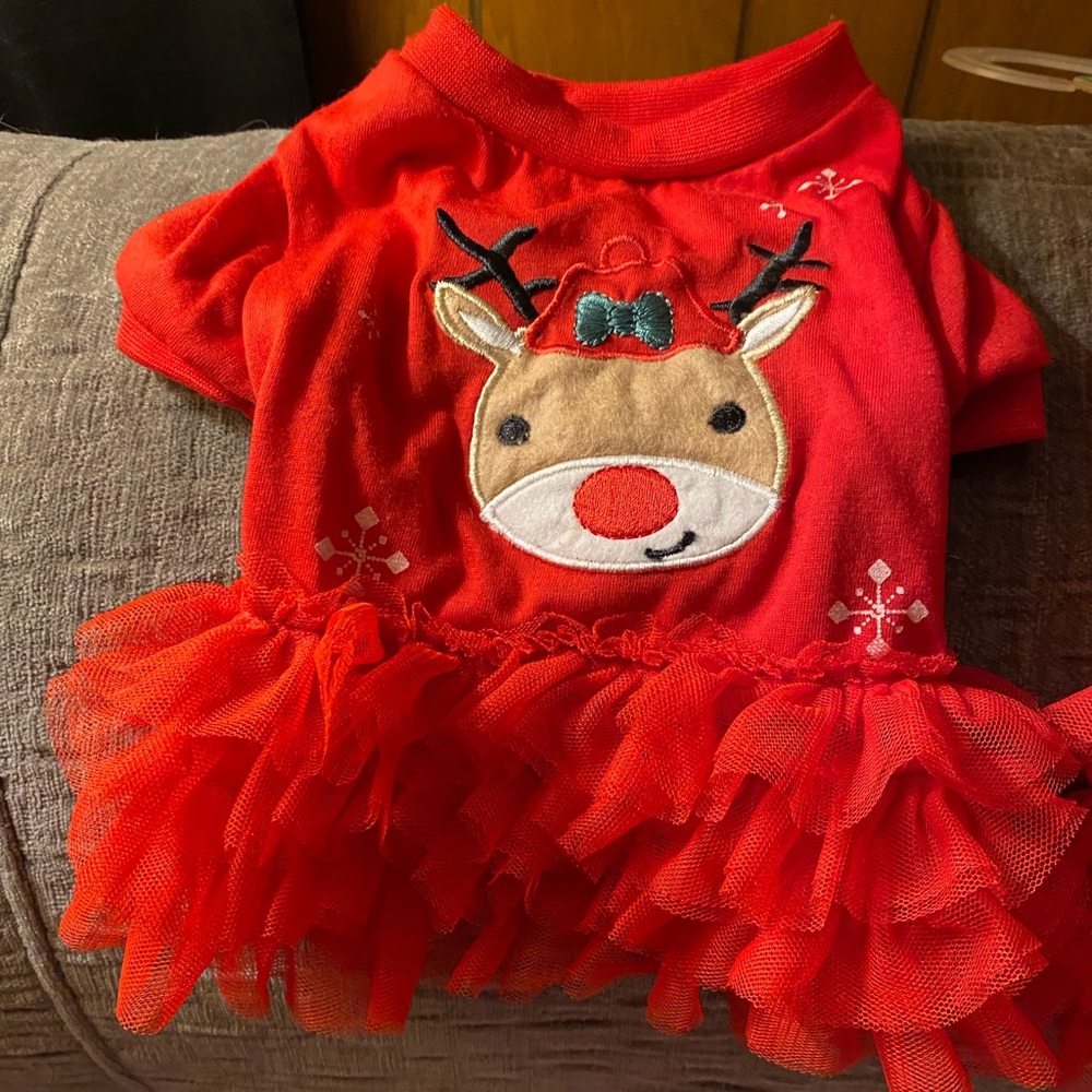 Adorable Christmas Doggie Dress Rudolph Reindeer Frills NWOT Extra Small sweater